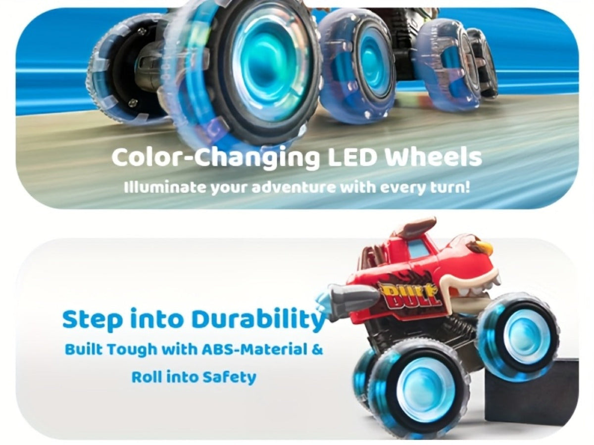 Monster Truck Toy 3-Pack with LED Lights, Press-and-Go Shark, Bull & Dinosaur