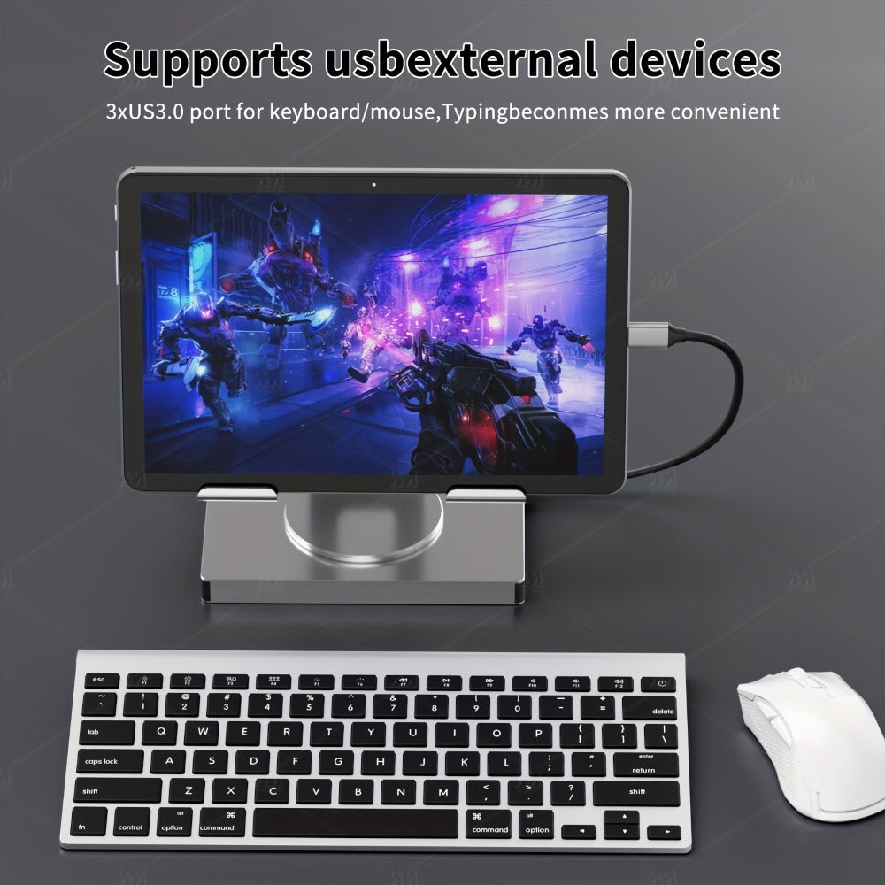 iPad Phone Rotating Stand Docking Station – 4K 60Hz HDMI, Gigabit Ethernet, 100W PD, USB 3.0 Hub, SD/TF Card Reader, Audio Jack – Multi-Screen Home Office for iPad Pro & Smartphones