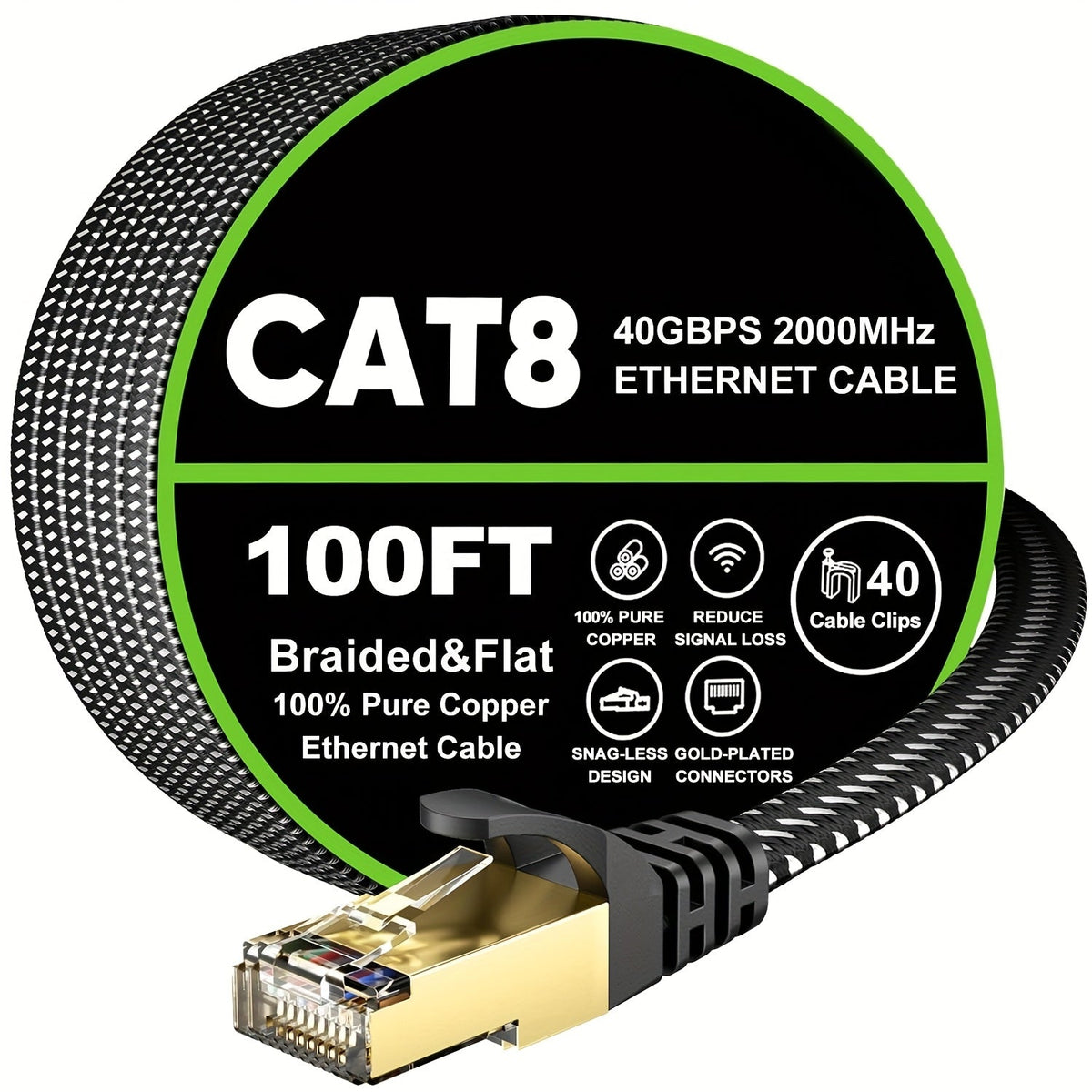 Cat 8 Ethernet Cable 100ft Flat Braided, 40Gbps 2000MHz High Speed Internet Cord, Gold Plated RJ45 SSTP Shielded Network LAN Cable for PS4 PS5 Gaming, Router, Modem, PC, Laptop, Xbox