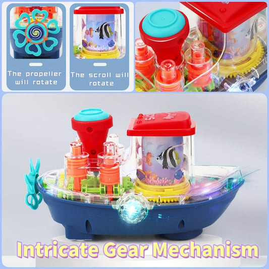 Boat-Shaped Interactive Toy with Rotating Ocean Scene and Music