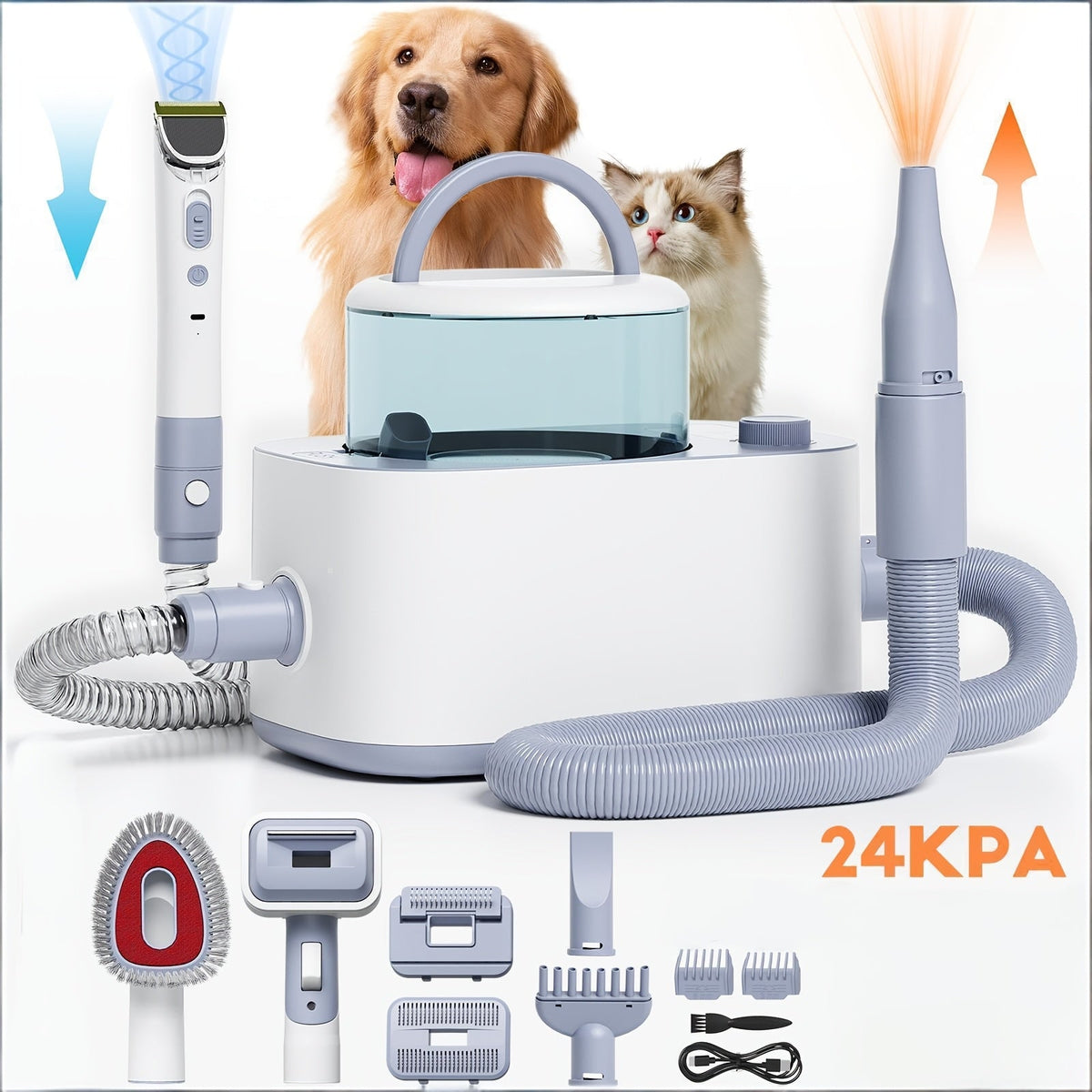 Pet Grooming Vacuum Kit 9-in-1 – 24KPa Dog Shedding Vacuum with Hair Dryer & Electric Clipper | Adjustable Speed & Temperature | 104oz Dust Bin | Professional At-Home Dog Grooming Set for All Breeds
