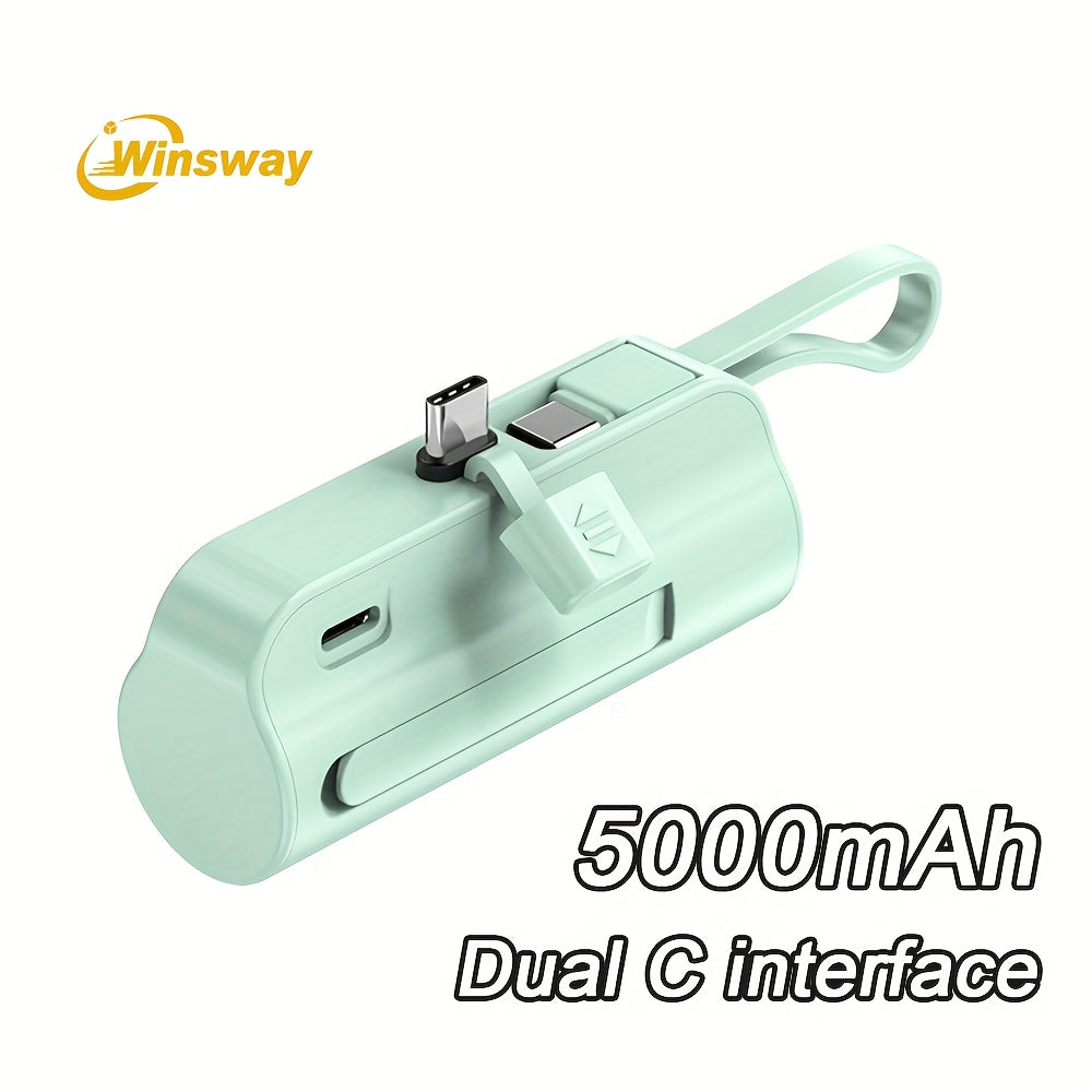 Capsule Mini Power Bank 5000mAh Dual Port Wireless Charging Phone Holder Fast Charge USB-C Cable Charge Two Phones at Once Pocket Portable Charger for Android Samsung iPhone