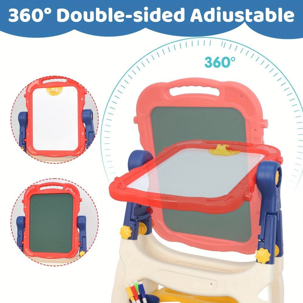 Art Easel for Kids Adjustable Double-Sided Standing Easel with Painting Accessories for Boys & Girls Ages 3+ – Rotatable Portable Chalkboard Whiteboard Children's Easel | Birthday Christmas Gift