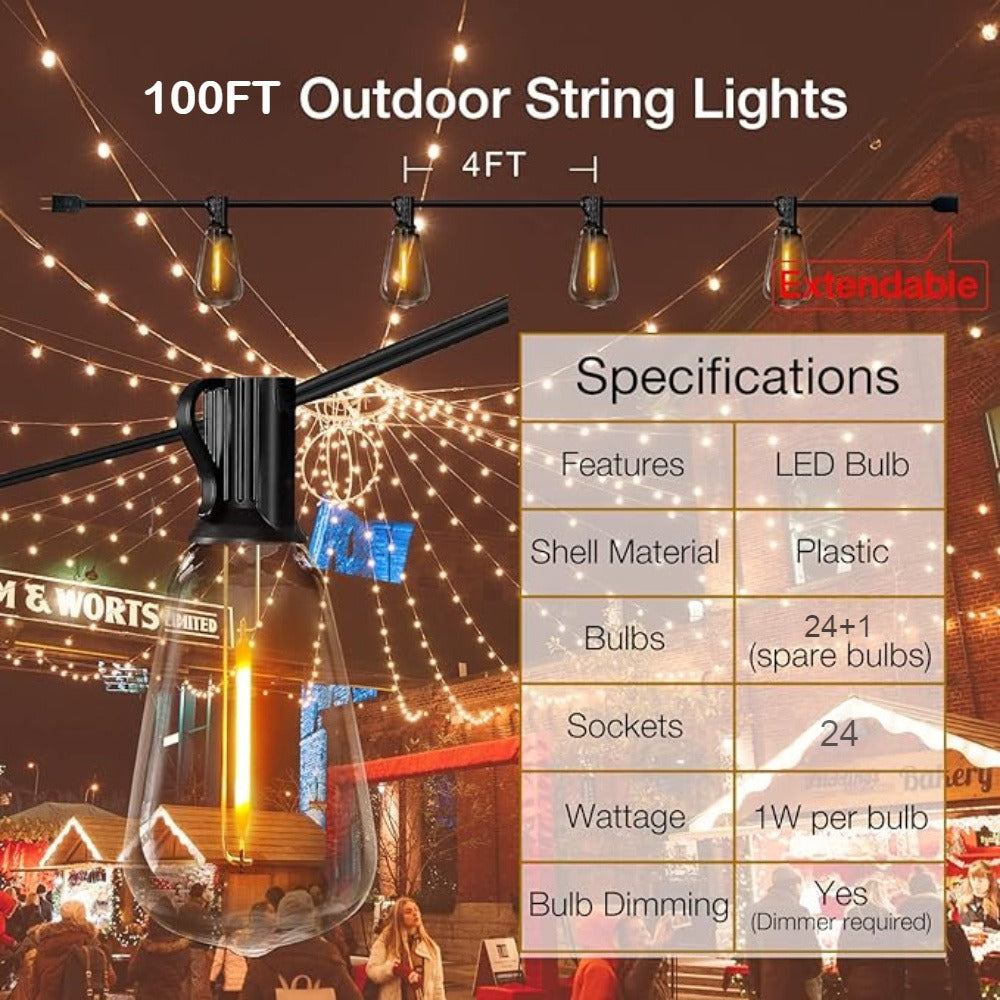 Patio String Lights 100FT ST38 Edison Bulbs Shatterproof – 2700K Warm White Dimmable Connectable Outdoor Hanging Lights with Hooks for Patio Garden Wedding Bistro Party Christmas Decor