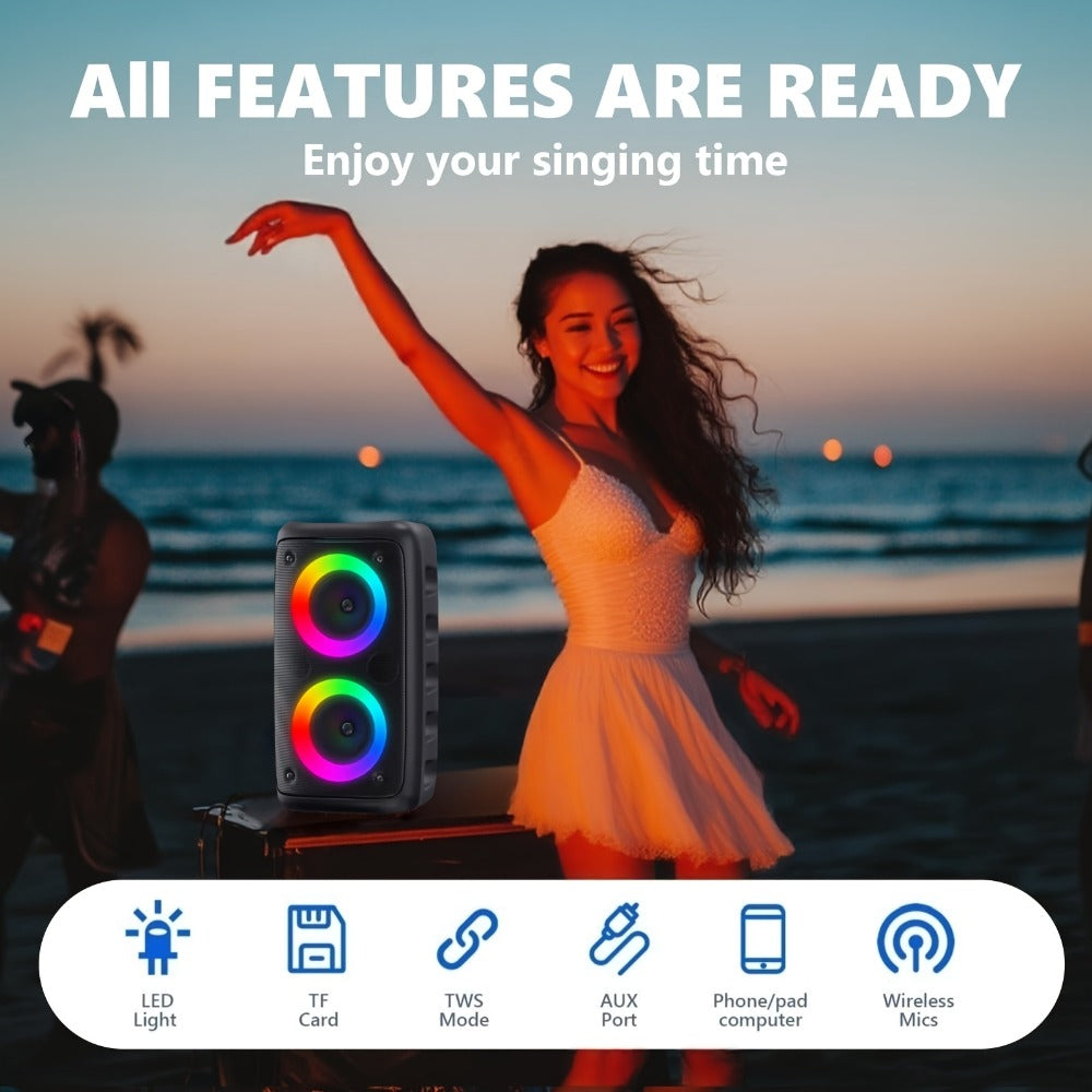 HY-3317 Party Speaker with Disco Lights & Microphone – Large Portable Subwoofer Outdoor Wireless Speaker, TWS Surround Sound, TF Card, AUX, MIC Input, for Parties, Karaoke & Events