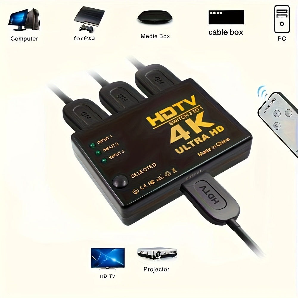 HDMI Switch 3 In 1 Out – 4K 1080P HD Video Switcher Splitter Hub, Adapter Converter for TV Box, Smart TV, HDTV, PC, Monitor & Gaming Console