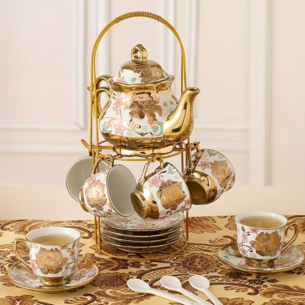 European Floral Ceramic Tea Set 20 Pcs – Italian Style Afternoon Tea Set with Metal Stand – Blooming Pattern Teapot & Cups – Elegant Gift for Tea Lovers & Special Occasions – Golden