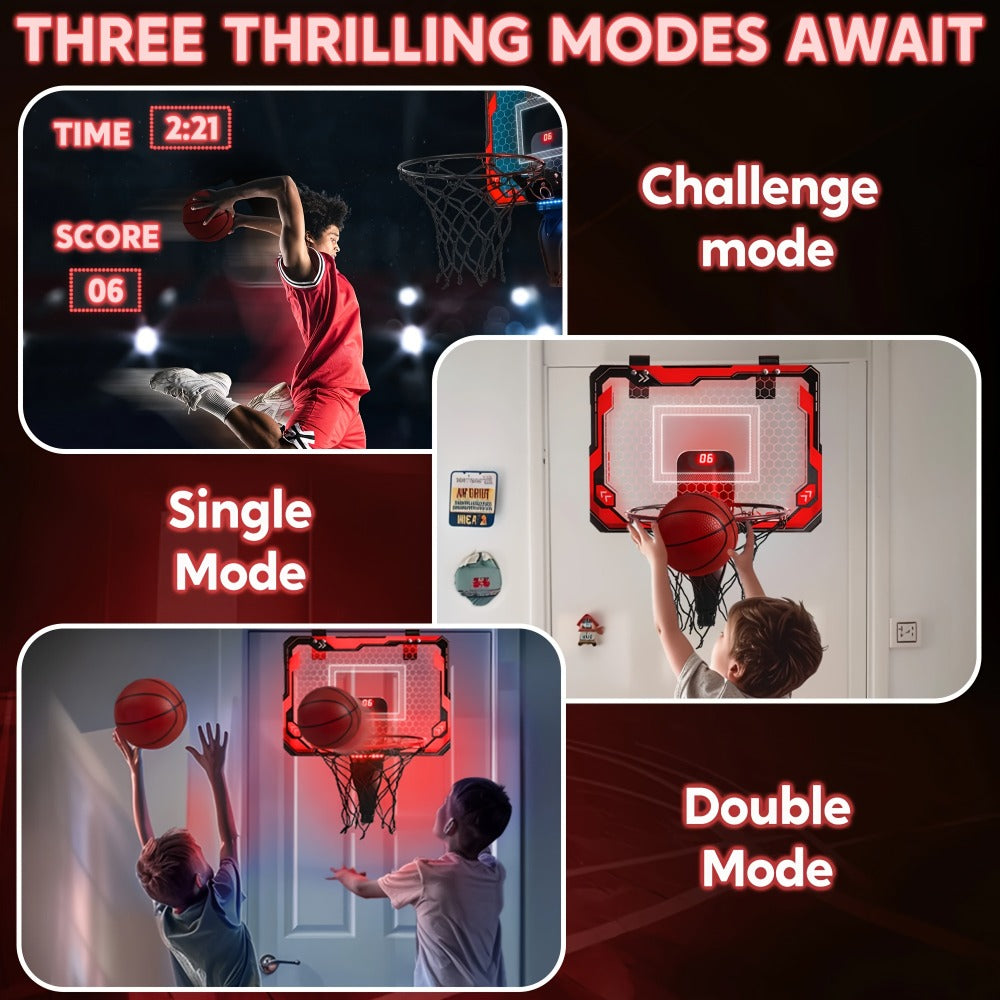 Over-the-Door Indoor Basketball Hoop with Light-Up Scoreboard, Red