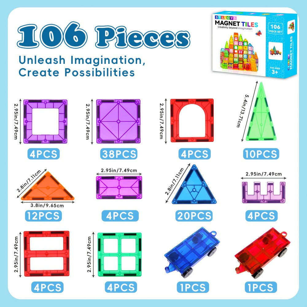 Magnetic Tiles Building Set for Kids Ages 3+, 106-Piece Multicolor with 2 Toy Cars or 136-Piece Basics