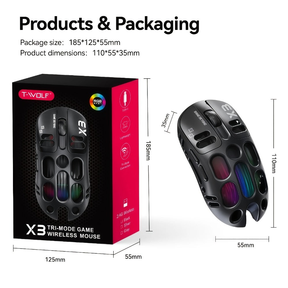 Bluetooth 5.0 2.4G Dual Mode Wireless RGB Gaming Mouse Silent 6 Button Ergonomic USB-C Rechargeable Breathing Light for PC Laptop Mac Tablet Office Gaming Tech Black Star Black White Gray