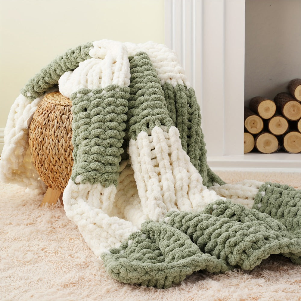 Chunky Chenille Cable Knit Throw Blanket – 350-400gsm Soft Warm Crochet Throw for Sofa, Bed & Couch, Vintage Patchwork, 14 Colors
