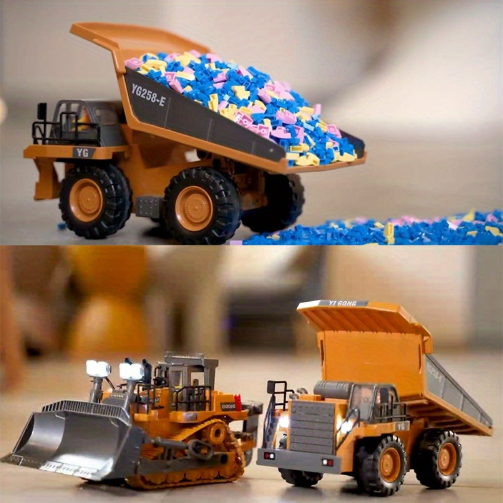 RC Construction Vehicle Toy Set 2.4GHz Remote Control Excavator Bulldozer Dump Truck Loader with Alloy Head LED Lights & Sounds – Engineering Toy for Boys Girls Kids Ages 6+ Birthday Christmas Gift