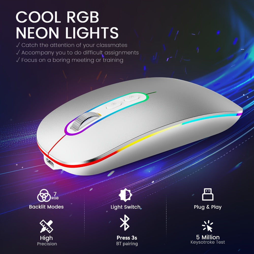 Slim Wireless Mouse Bluetooth 5.1 2.4G Dual Mode Silent Rechargeable LED Indicator Thin Quiet Computer Mouse iPad MacBook Mac Laptop PC Windows Chromebook Pink
