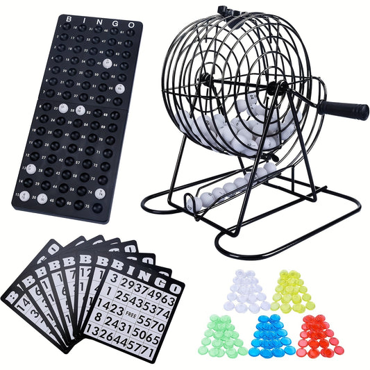 Bingo Game Set with Stainless Steel Cage, Balls, Cards and Colorful Chips