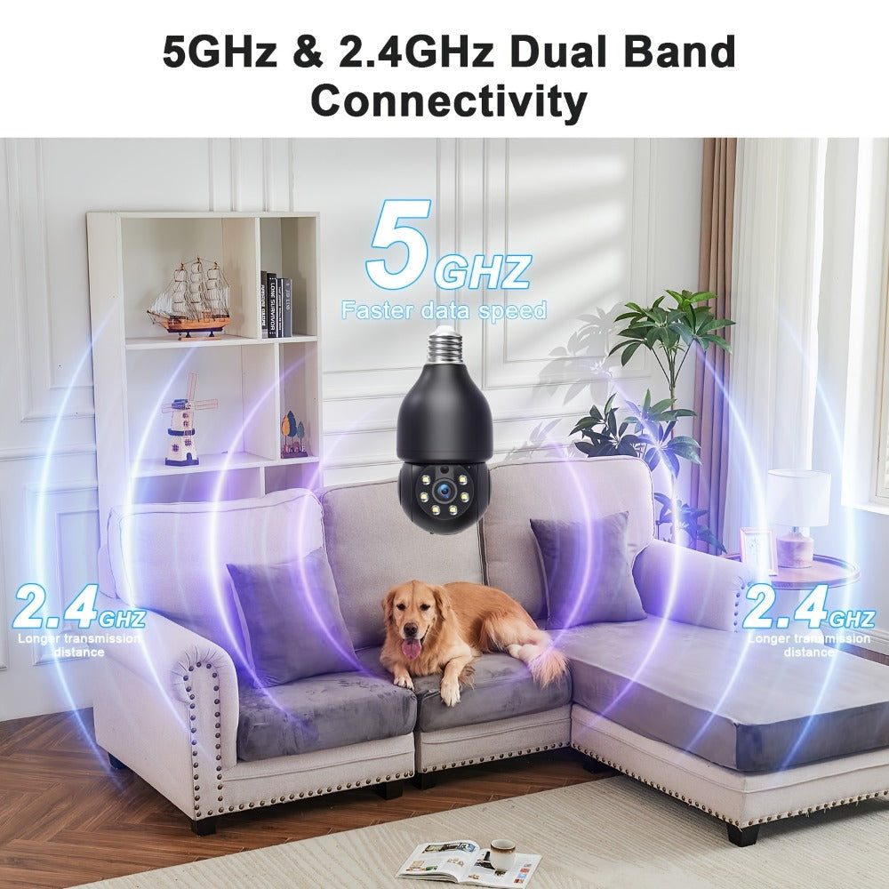 Smart Bulb Security Camera 5MP 360° Panoramic Pan-Tilt with Pet & Cat Dog Monitoring, Color Night Vision, Motion Detection Alarm, Two-Way Audio & Dual-Band WiFi 2.4G & 5G – Wireless Indoor Surveillance