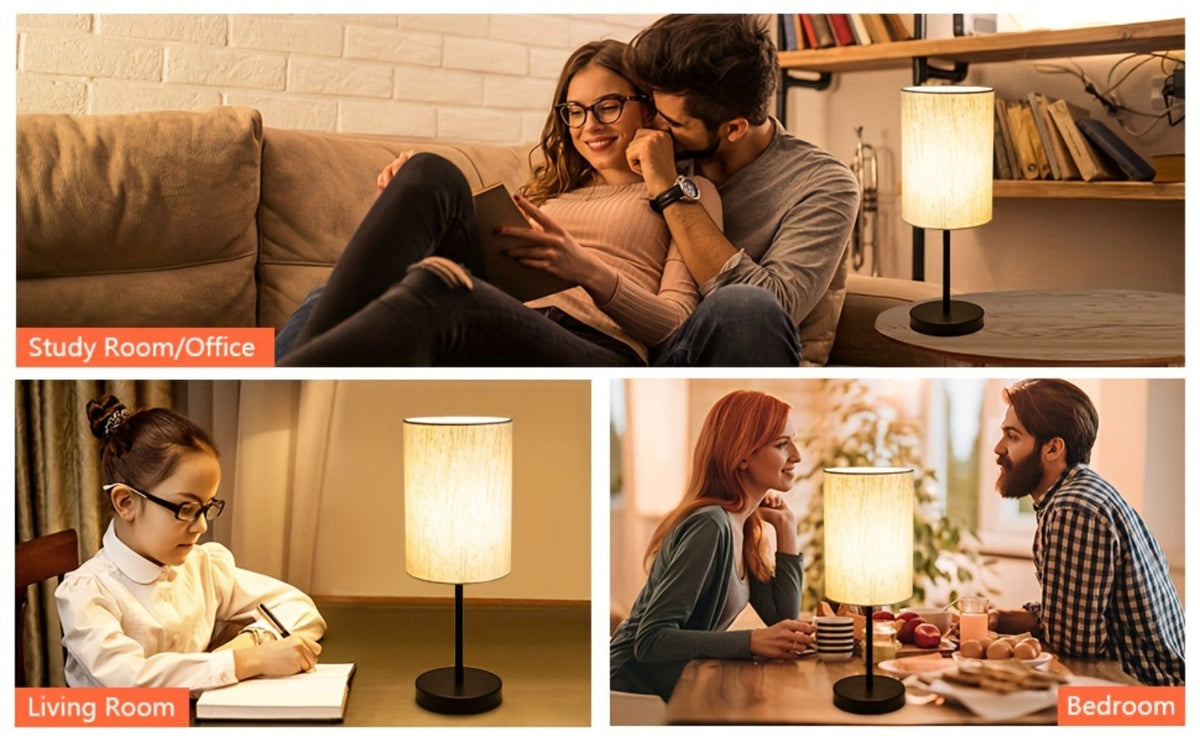 Small Bedside Table Lamp Set of 2 – Linen Shade Nightstand Lamp with Cord Switch, 5W LED Bulb Included, Compact Desk Light for Bedroom Living Room Children's Room Office Dorm (Black / Beige Black)
