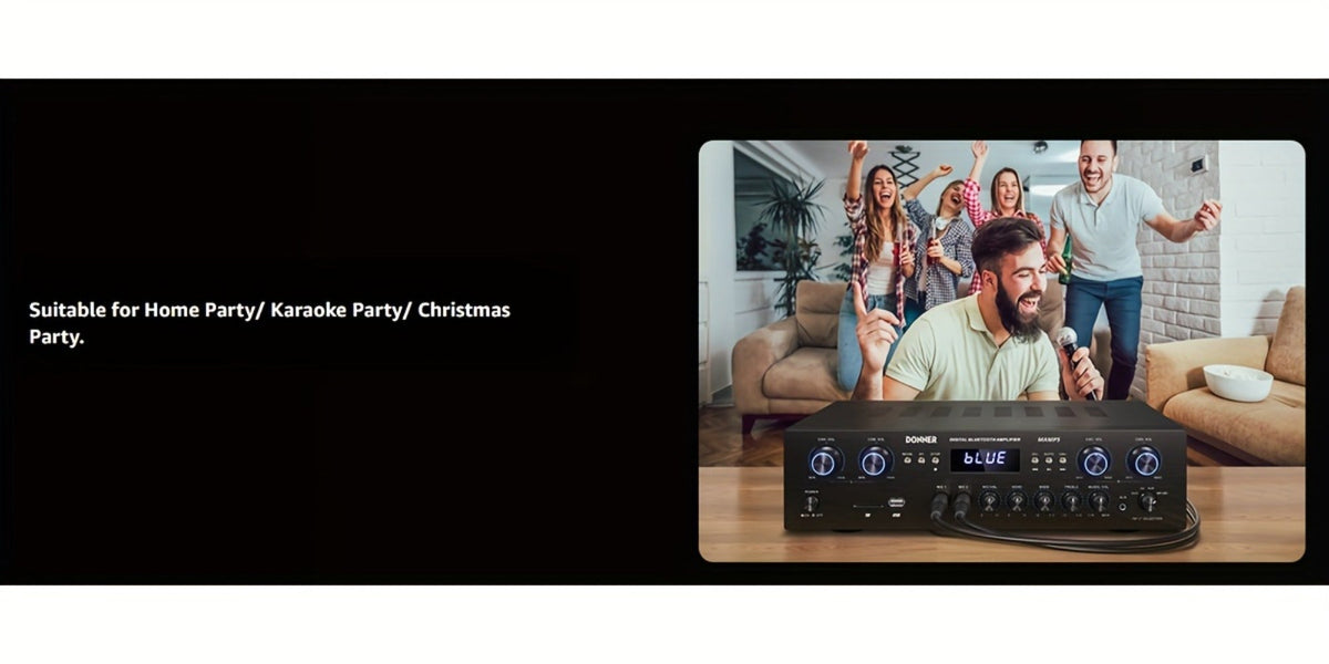 Donner 4-Channel Home Stereo Receiver Amplifier with USB SD FM Radio, Dual Mic Input Echo, RCA, LED Display for Home Sound System Karaoke Living Room