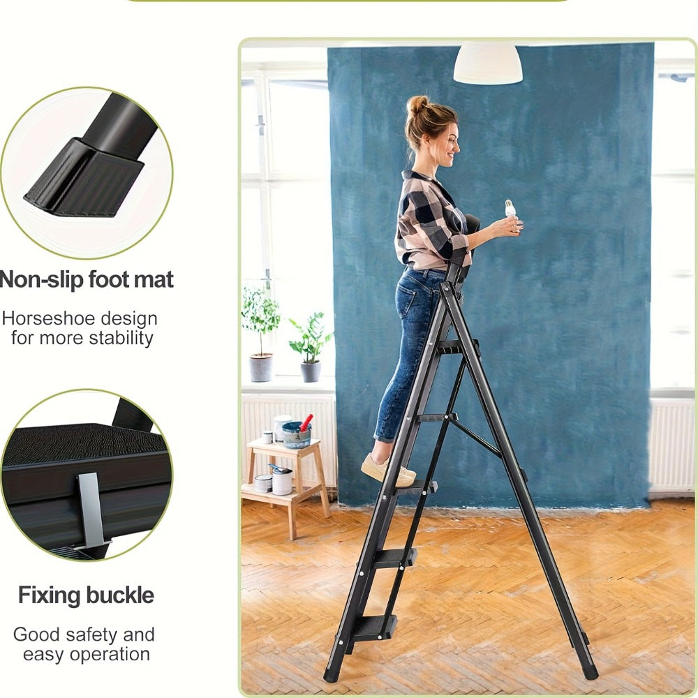 Folding Step Ladder 3 / 4 / 5 Step with Anti-Slip Pedal & Tool Tray – 450 LBS Capacity Portable Steel Step Stool for Adults, Home, Kitchen, Library & Office Use – Red & Black Options