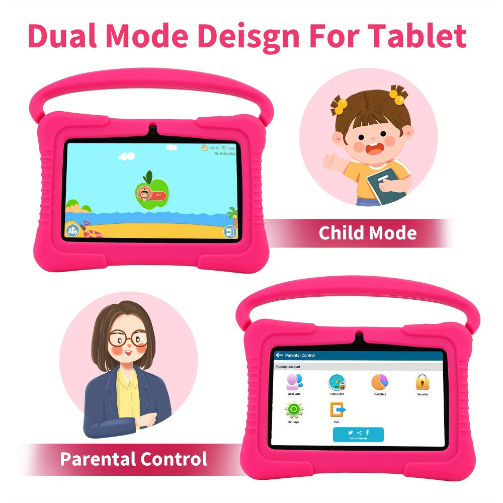 Veidoo Kids Tablet 7 Inch Eye Protection Screen 2GB RAM 32GB ROM Android WiFi Dual Camera Parental Control Educational Games Drop-Proof Silicone Cover Children Learning Tablet Pink Blue