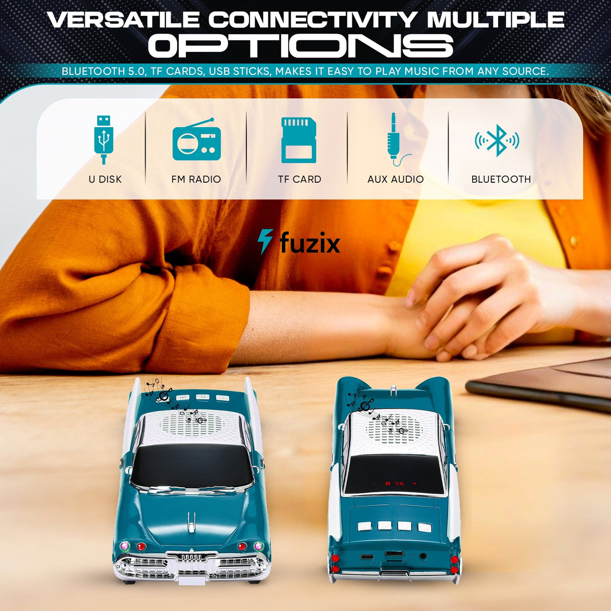 Retro Car Bluetooth Speaker with LED Headlights & Taillights, Fuzix WS-1965 Wireless Portable Stereo Speaker, AUX/USB/TF/FM Radio, Built-in Mic, Rechargeable Battery, Gift for Car Enthusiasts