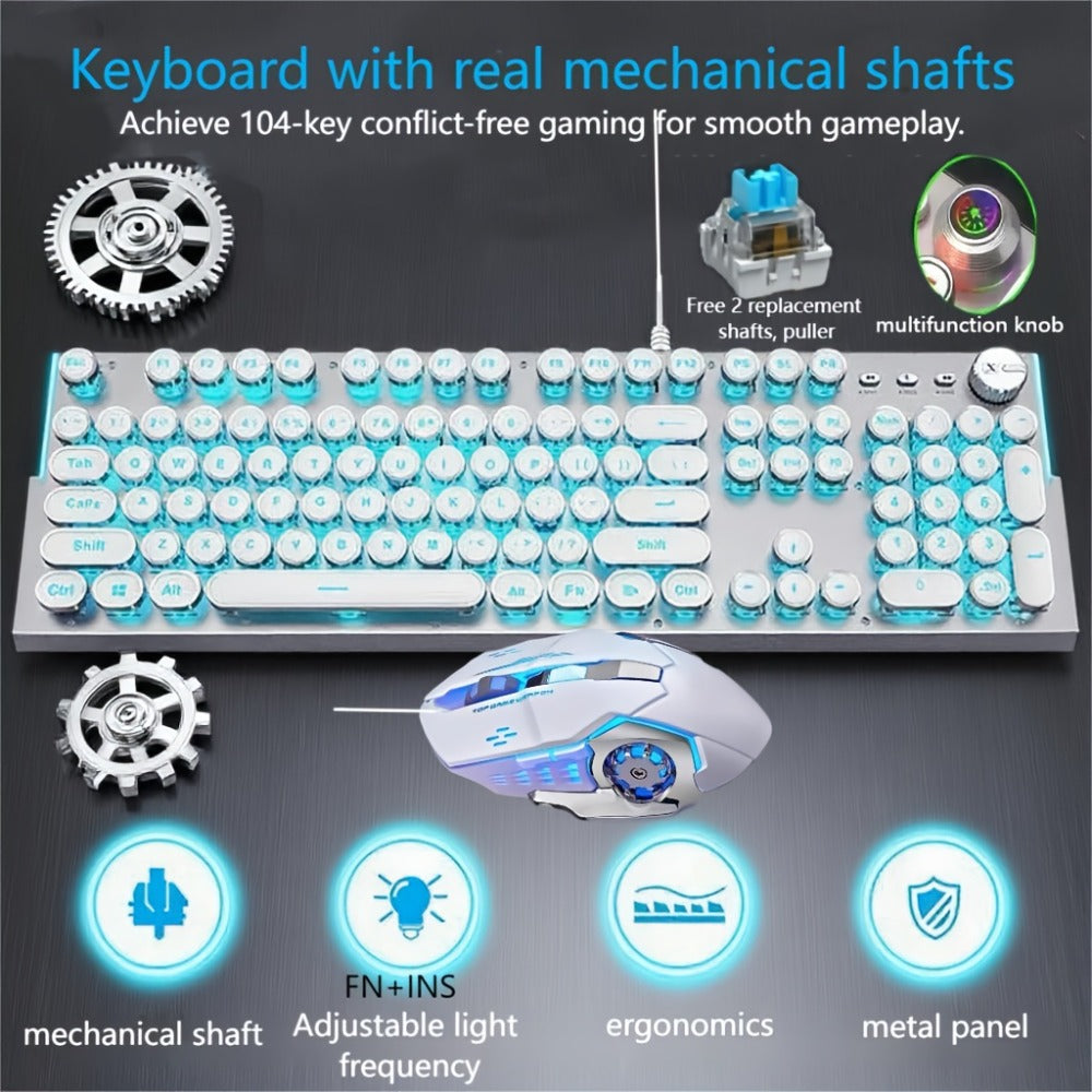 Hot-Swappable Mechanical Keyboard and Mouse Combo 34 Lighting Effects True Mechanical Blue Switches Retro Style USB Wired Aesthetic Gaming Set for Desktop Laptop Windows Mac Gift for Boyfriend Girlfriend