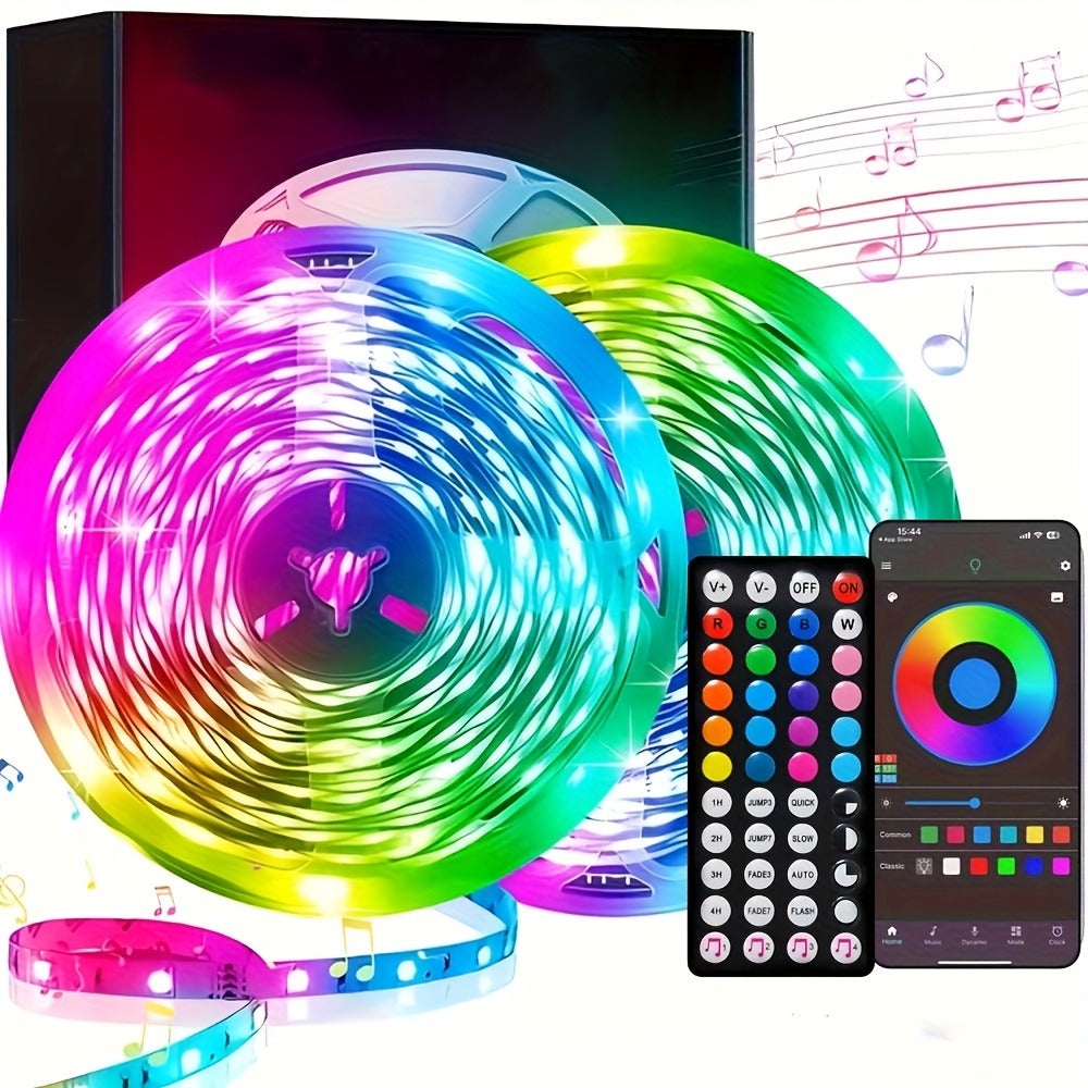 RGB LED Strip Lights 32.8ft Bluetooth Music Sync - 5050 Color Changing Tape Light, 44-Key IR Remote, App Controlled, Cuttable for Bedroom, Gaming Room, Party, TV Backlight & Christmas Decoration