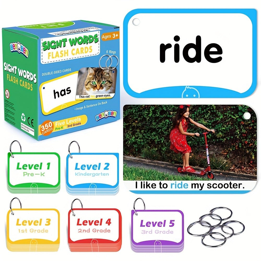 Sight Words Flash Cards 350 Dolch & Fry High Frequency Words – 5 Color-Coded Levels Pre-K to 3rd Grade, Laminated Double-Sided Reading Flashcards with Rings, Homeschool Classroom Gift for Kids Ages 3-9