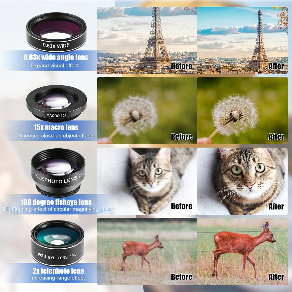 16-in-1 Phone Camera Lens Kit – Fisheye, Wide Angle, Macro, Kaleidoscope & CPL Clip-On Lenses + Selfie Light, Universal Smartphone Camera Upgrade for iPhone & Android, Travel & Content Creation