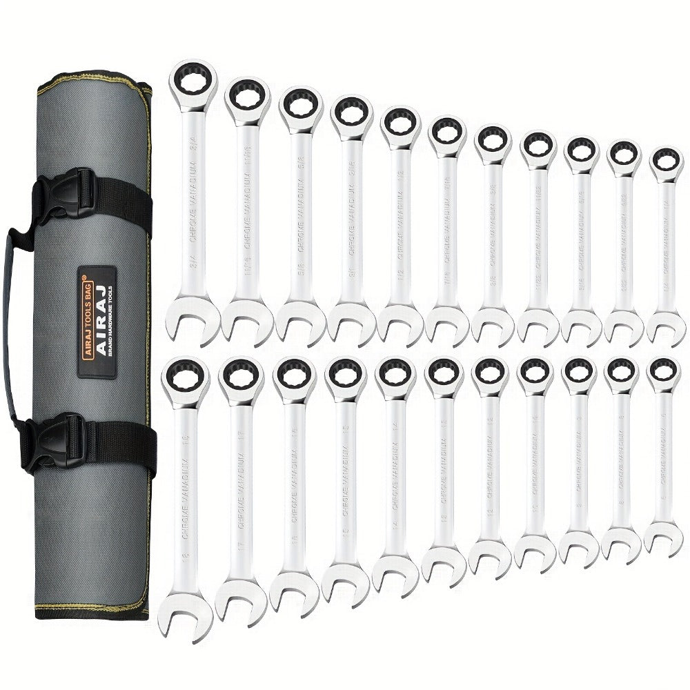 Combination Ratcheting Wrench Set 22pcs SAE & Metric, 1/4"-3/4" & 6-18mm Chrome Vanadium Steel, 72-Tooth Ratchet Wrenches with Oxford Bag, ANSI Standard for Car Repair & Home Appliance Maintenance