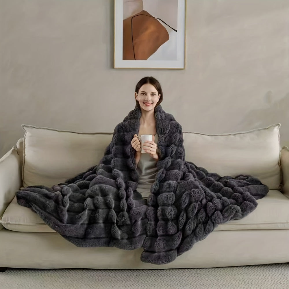 Double-Layer Faux Rabbit Fleece Blanket – 450-500gsm Thickened Soft Warm Throw for Bed, Couch & Travel, All Season, 3 Colors, 5 Sizes