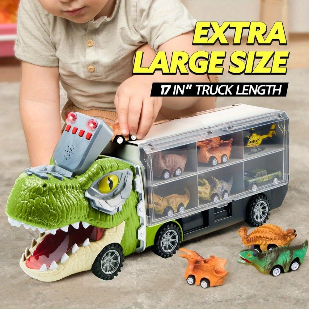 Dinosaur Truck Toy Set, 13-Piece Carrier with Mini Cars and Helicopter