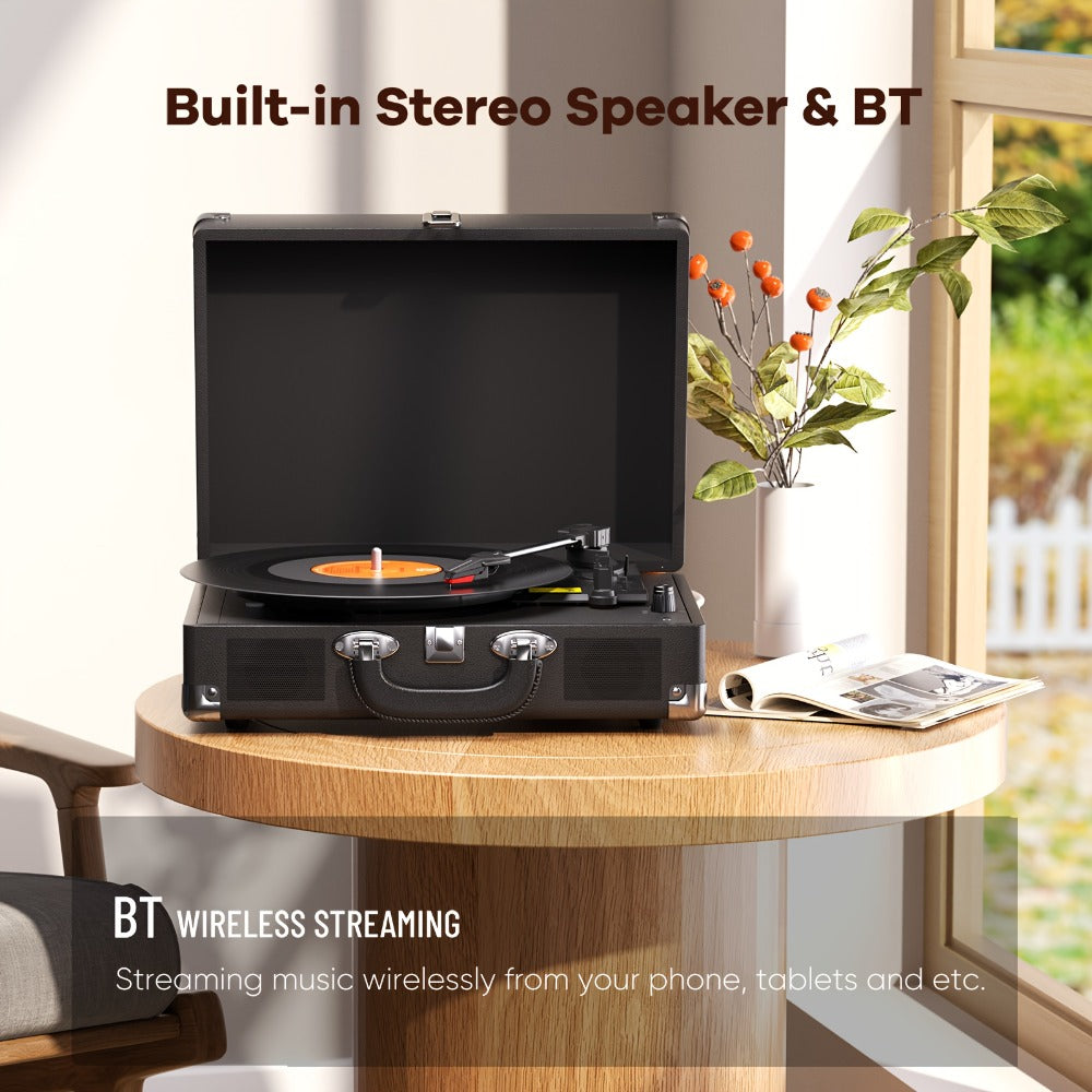 Bluetooth Vinyl Record Player with Built-in Speakers, Maio C200 3-Speed Belt-Driven Turntable, Hi-Fi Stereo Gramophone, 3.5mm Output, RCA Out, Suitcase Style, Best Holiday Gift for Music Lovers