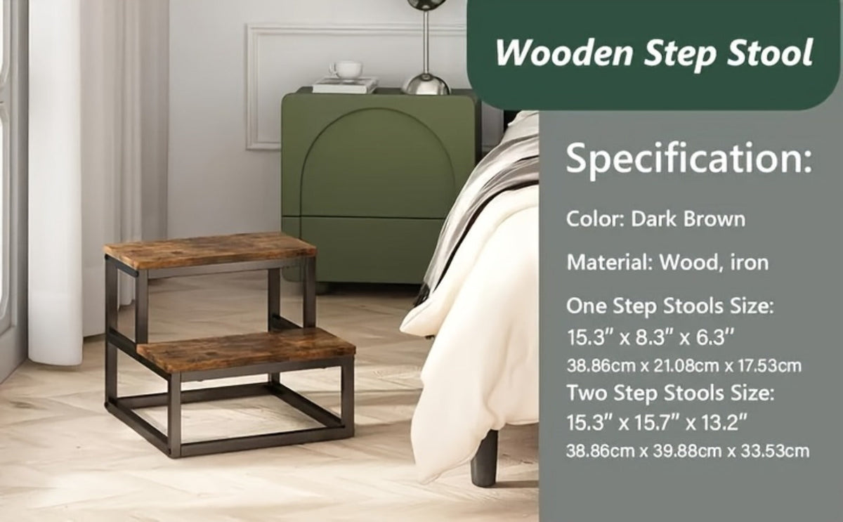 2-Step Wooden Step Stool Heavy Duty for Adults – Solid Wood Two Tier Stepping Stool, Multifunctional Bedside Step Ladder, Portable Non-Slip Foot Stool for Bathroom, Bedroom, Kitchen, Office – Easy to Carry, Durable Build