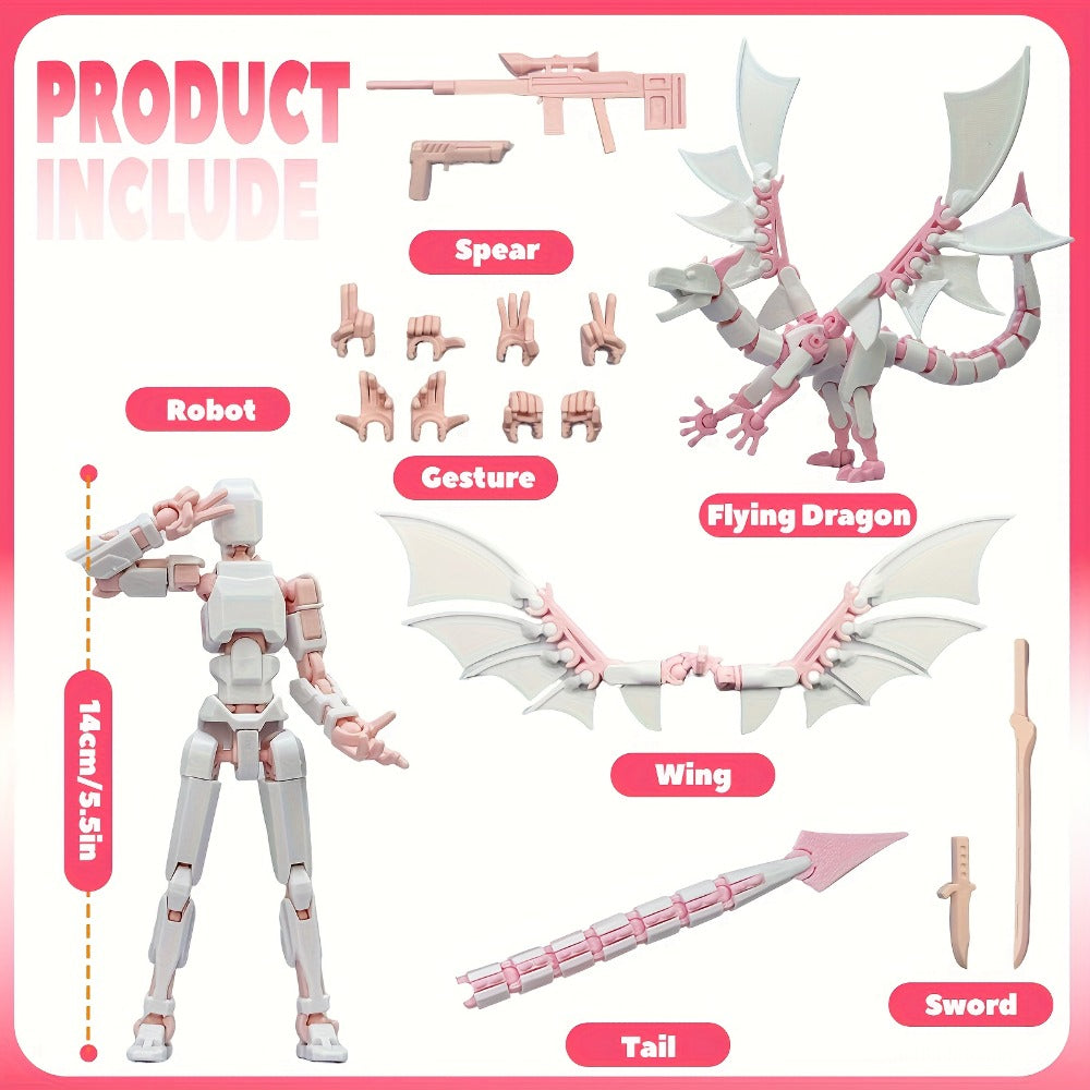 3D Printed Dragon Figurine 2-Piece Set – Articulated Flying Dragon with Movable Wings Poseable Fantasy Sculpture 4 Colors Desk Decor Gift for Gamers Adults Kids