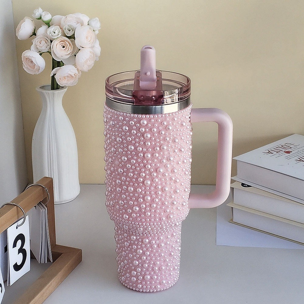 40oz Rhinestone Tumbler with Handle and Straw – Stainless Steel Double Wall Insulated Cup | Pearl Glitter Travel Mug for Sublimation Outdoor Sports Camping Holiday Gift