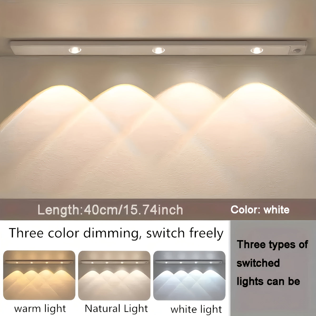 Motion Sensor Cabinet LED Strip Light USB Rechargeable 1400mAh - 3 Color Dimmable Wireless PIR Auto On Off 4 Sizes for Kitchen Wardrobe Wine Cabinet Shoe Cabinet Closet Bedroom Night Light
