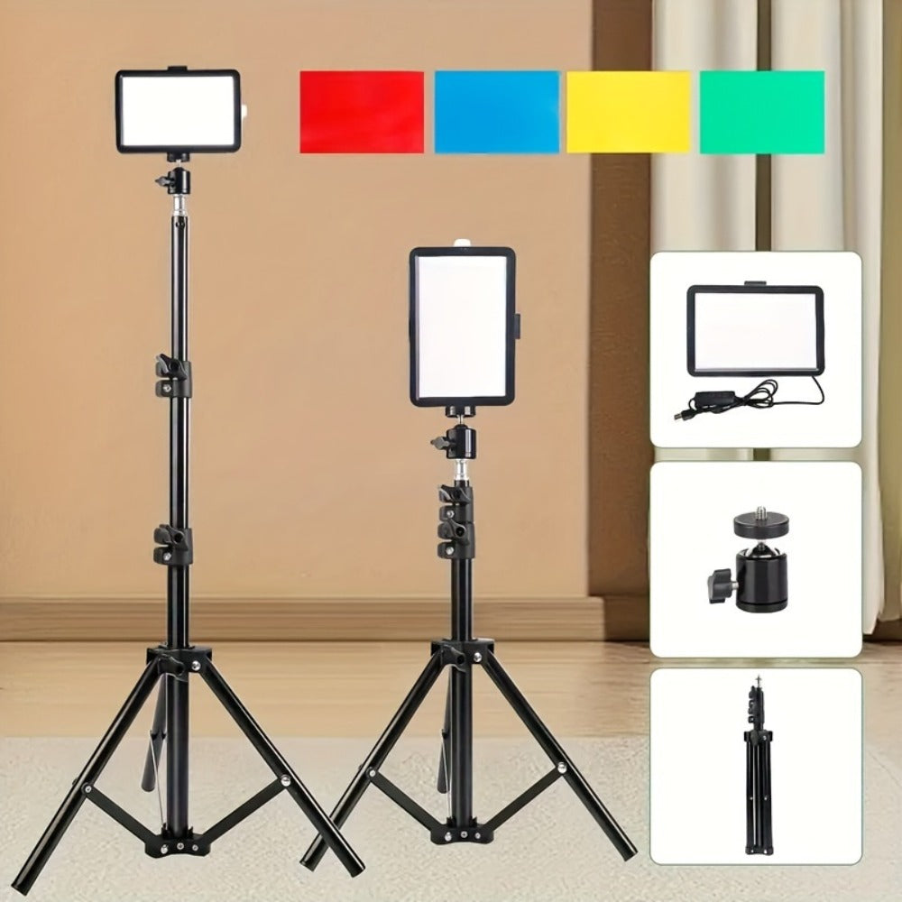 LED Video Light Panel 5600K Dimmable Photography Lighting Kit with Adjustable Tripod Stand & 4 Color RGB Filters for Vlogging Streaming Studio Table Top Photo Video Shooting Content Creator