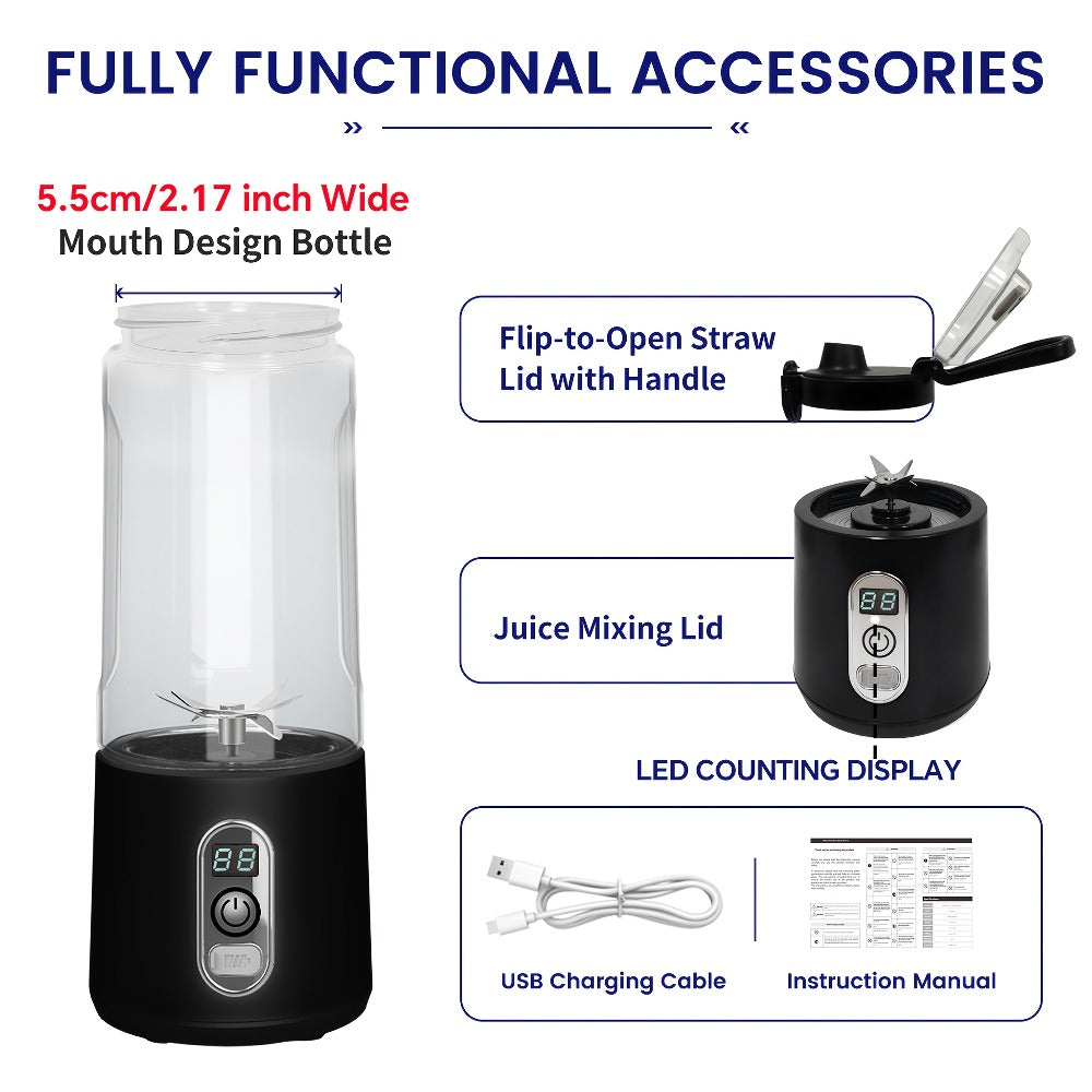 Portable Smoothie Blender USB-C Fast Charge 6-Blade Stainless Steel – Digital Timer Battery Display High-Speed Ice Crush No-Spill Lid | Protein Shake Gym Travel Blender in Black Pink White