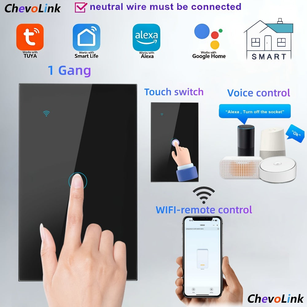 Black Tempered Glass WiFi Smart Light Switch 1/2/3/4 Gang – US Standard, Works with Alexa & Google Home, Tuya App, Smart Scenes, Timer, Voice & App Control, Neutral Wire Required, 100-240V