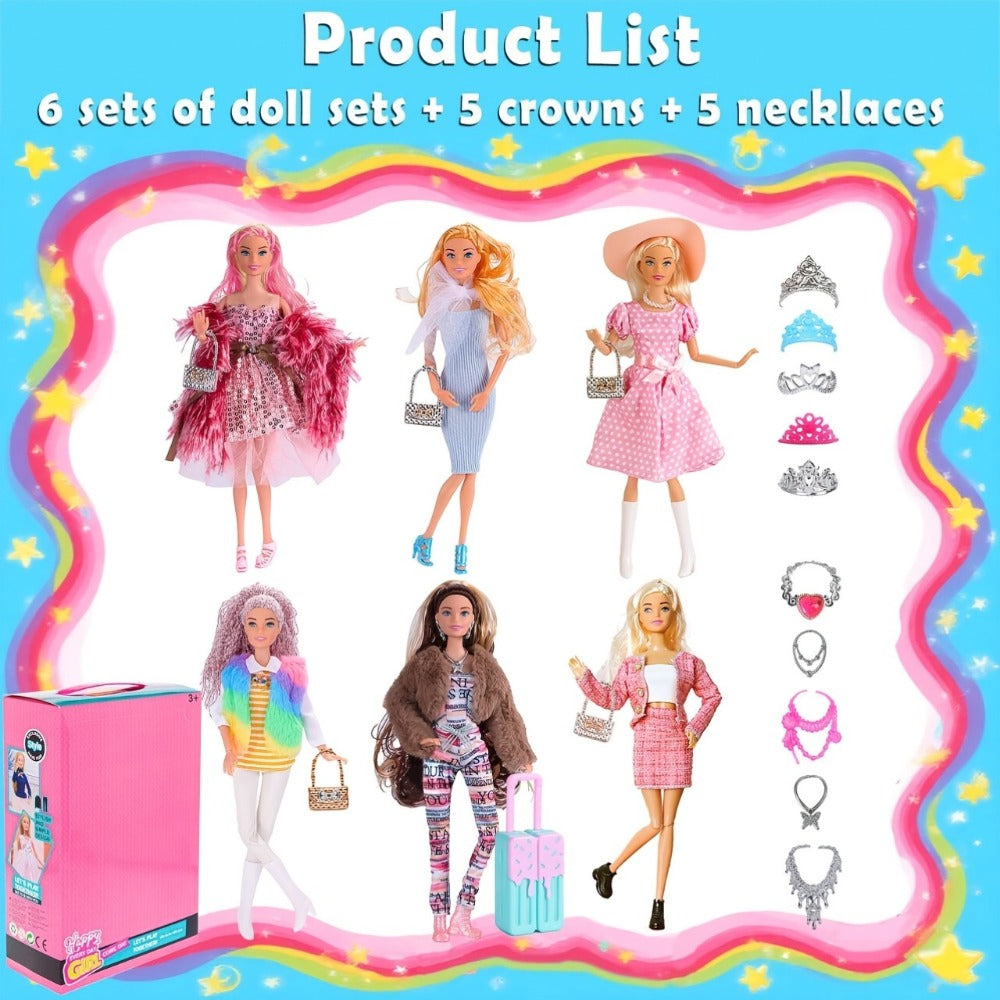 6-Pack 11.5-Inch Poseable Fashion Princess Doll Set with Accessories