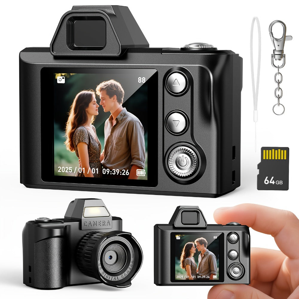 Mini Pocket Camera Retro Vintage Thumb Size with LED Flash, Multiple Filters & 64GB Memory Card – USB Rechargeable Keychain Digital Camera for Kids, Teens & Creative Photography Gifts