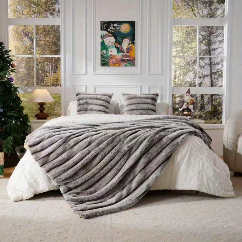 Double-Layer Faux Rabbit Fleece Blanket – 450-500gsm Thickened Soft Warm Throw for Bed, Couch & Travel, All Season, 3 Colors, 5 Sizes