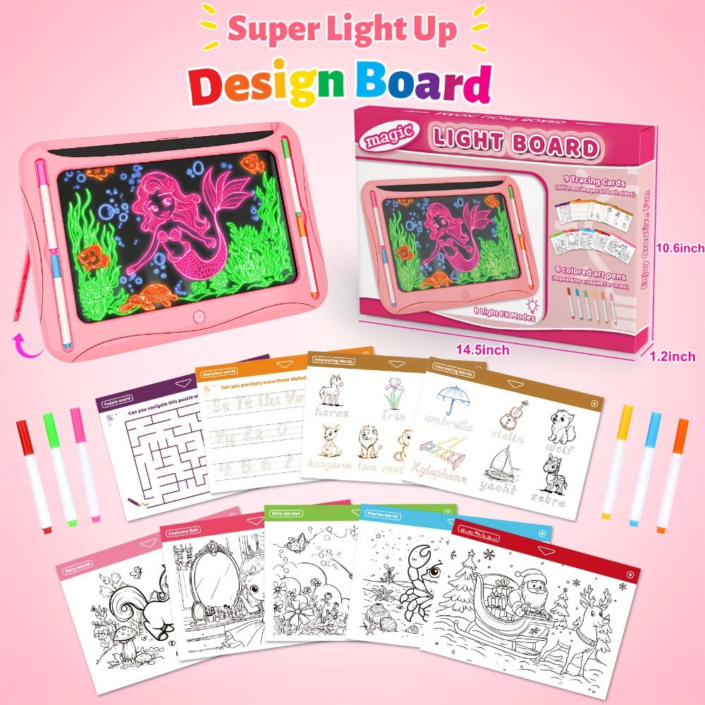 LED Light Up Drawing Board for Kids with 9 Double-Sided Tracing Cards & 6 Markers – Travel Doodle Board, 6 Colors