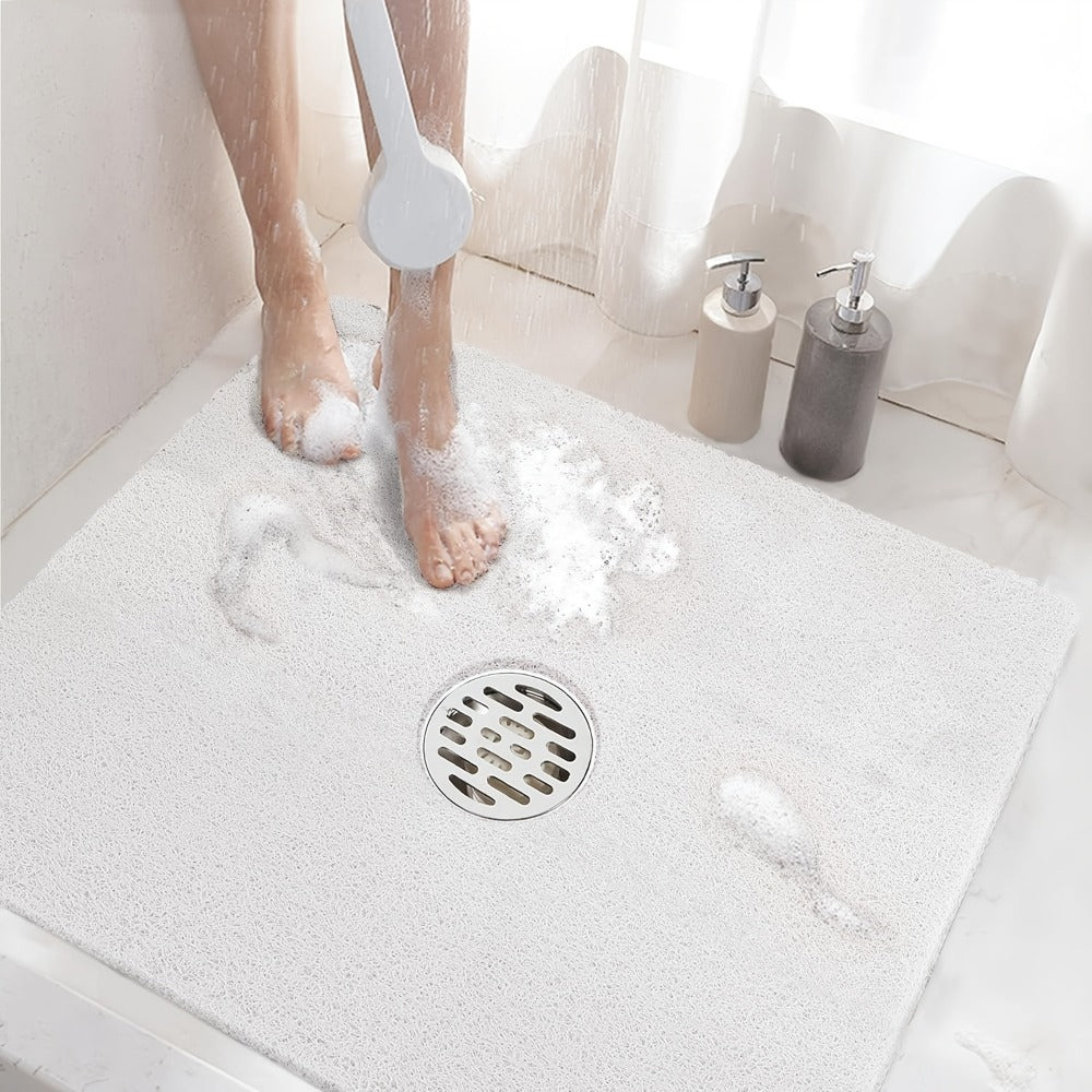 Non-Slip Shower Mat PVC Loofah Bath Mat with Drain Holes – Quick-Dry Square Bathtub Floor Mat, No Suction Cups Needed, Soft Cushioned, 24x24 Inch, Grey/White/Beige
