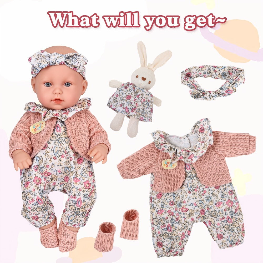 12-Inch Baby Doll with Floral Dress, Rabbit Plush Toy & Dress-Up Accessories