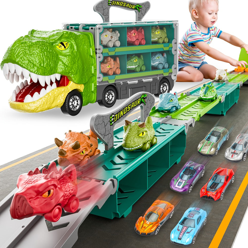 Dinosaur Truck Toy Carrier with 63-Inch Foldable Race Track, 13-in-1 Set with 12 Cars & 2-Player Racing