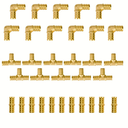PEX Crimp Fittings Set, 1/2-Inch Lead-Free Brass, 33-Piece Elbow, Tee & Coupling Kit