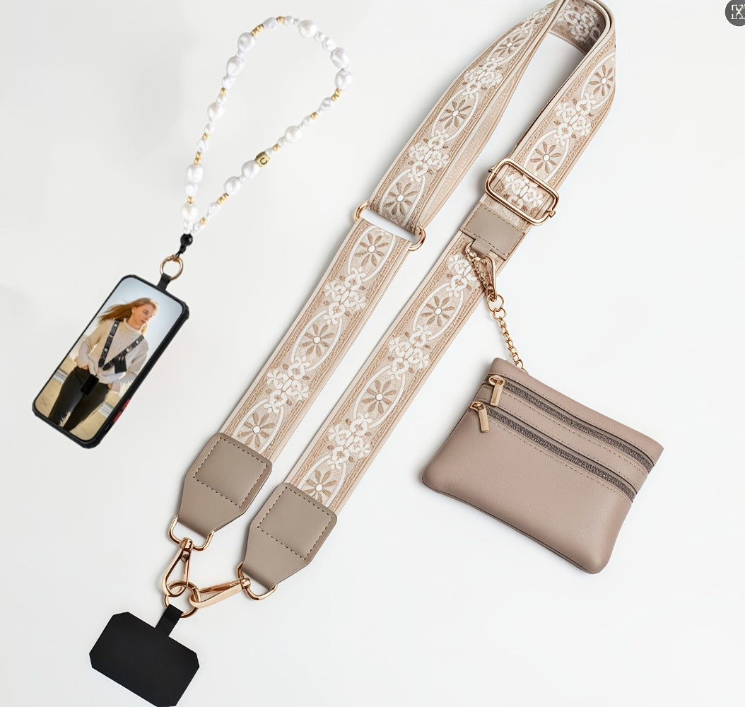 Crossbody Phone Strap Wallet Pouch with Beaded Charm Detachable Wrist Lanyard Card Holder Hands-Free Shoulder Strap for Women Girls iPhone Samsung – Green Purple Brown Pink 5 Colors