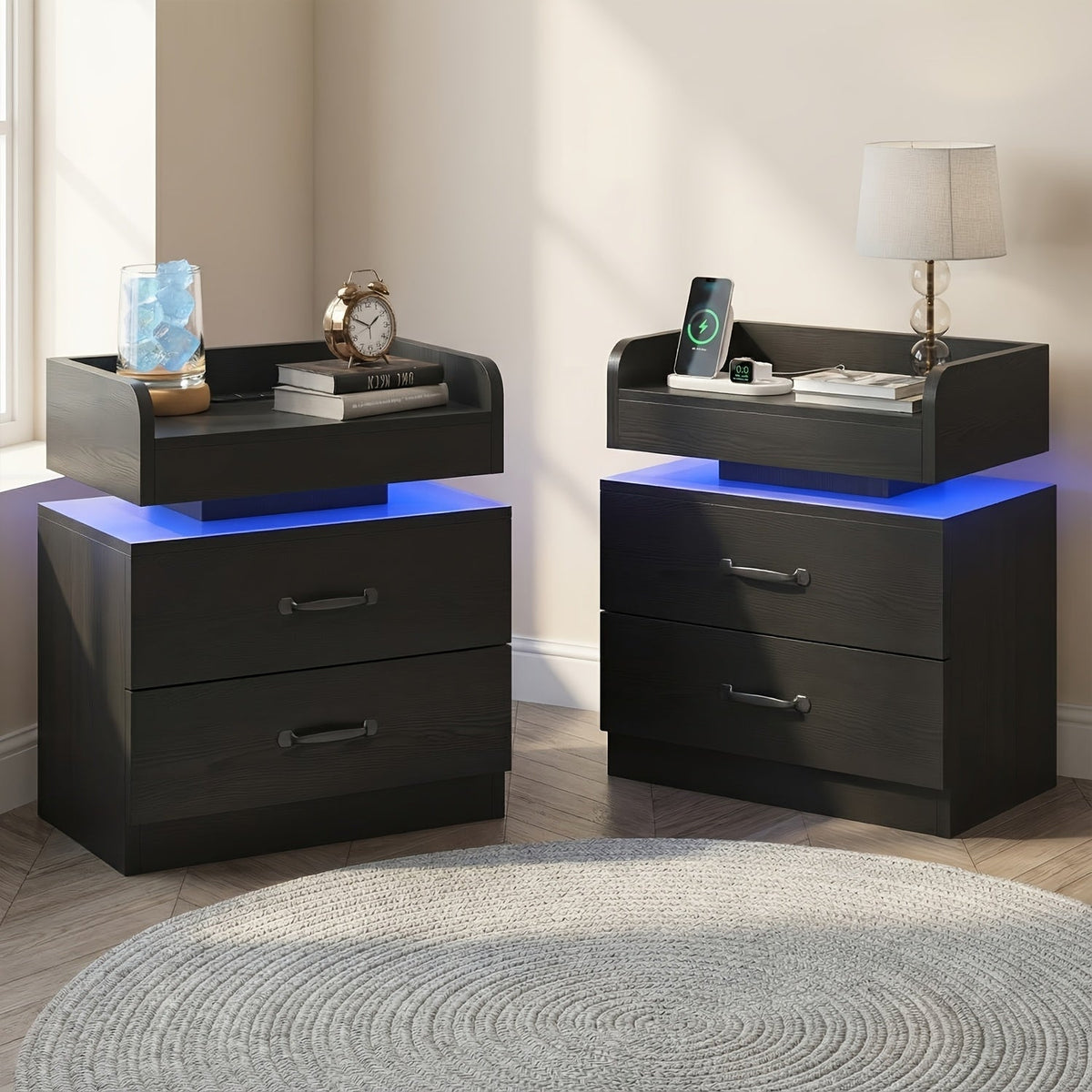 Bedside Table with Charging Station & LED Lights – Modern Wooden Nightstand with Drawer & Open Shelf | Black or White | 1pc or 2pcs Set | Bedroom Living Room End Table | Housewarming Gift