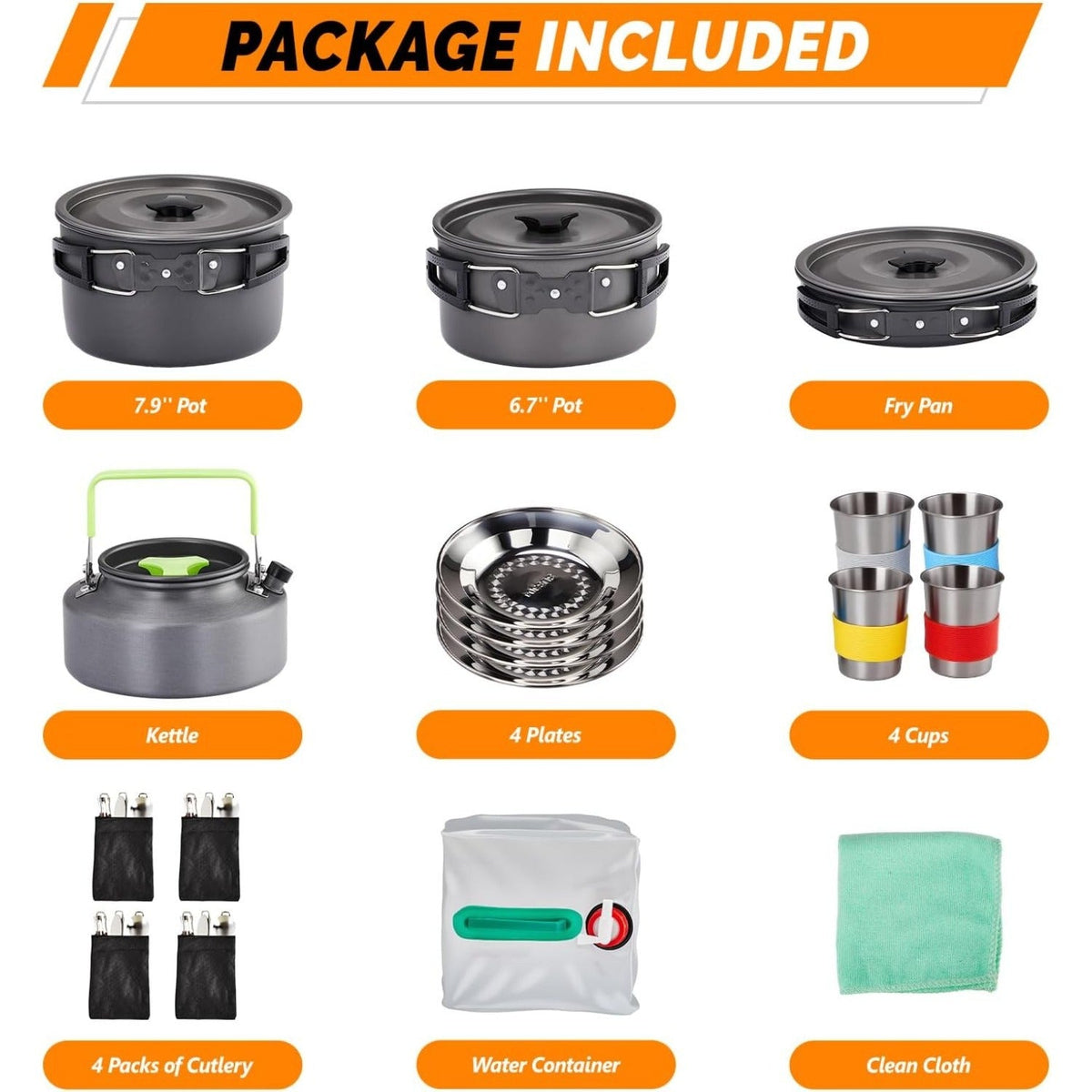 Backpacking Cookware Mess Kit 19/27pcs – Non-Stick Pot Pan Kettle with Stainless Steel Cutlery, Lightweight Camping Cook Set for Open Fire, Hiking & Outdoor Cooking